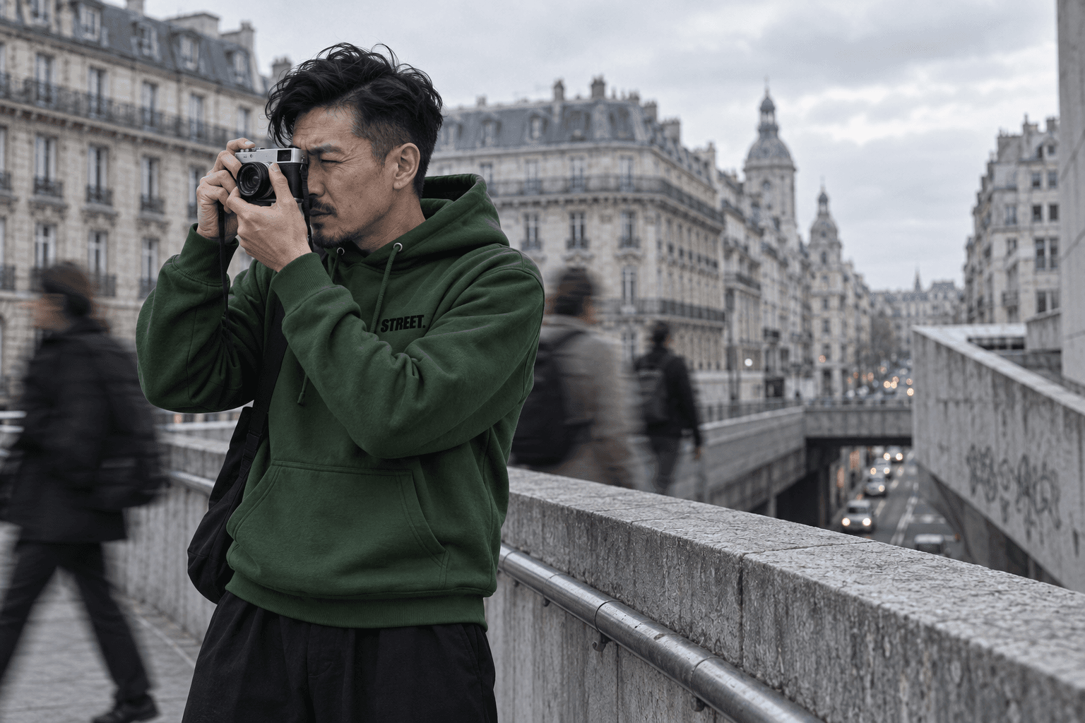 Photographer in the green STREET hoodie using a compact rangefinder camera